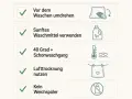 Pflegehinweise: Kleidung umdrehen, sanftes Waschmittel, 40 Grad im Schonwaschgang, lufttrocknen, kein Weichspüler.