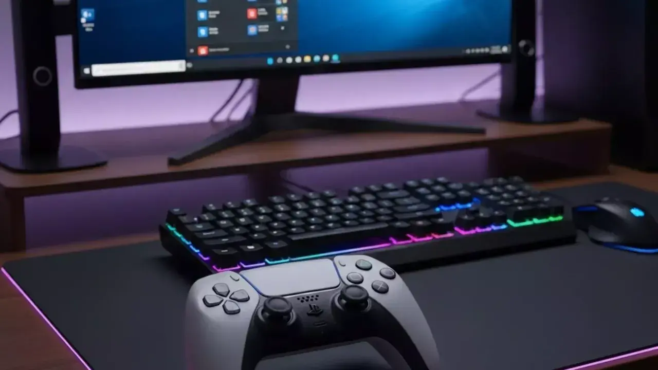 PS5-Controller, Tastatur und Maus auf einem Schreibtisch. So verbindest du deinen PS5-Controller mit dem PC.