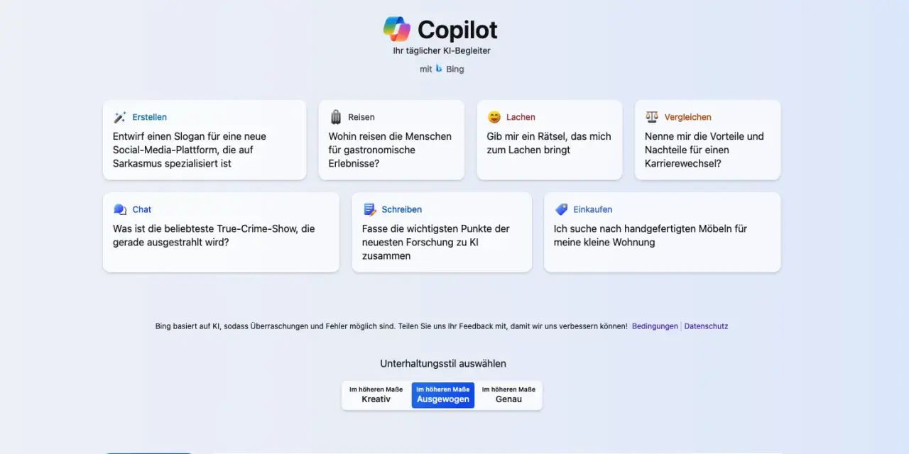 Copilot, der KI-Begleiter von Bing, bietet Hilfe bei kreativen Aufgaben, Reisen, Lachen, Vergleichen, Chatten, Schreiben und Einkaufen.