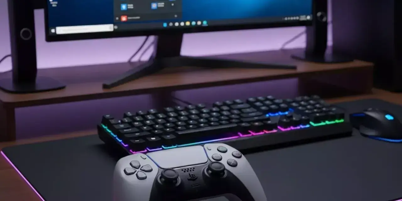 PS5-Controller, Tastatur und Maus auf einem Schreibtisch. So verbindest du deinen PS5-Controller mit dem PC.