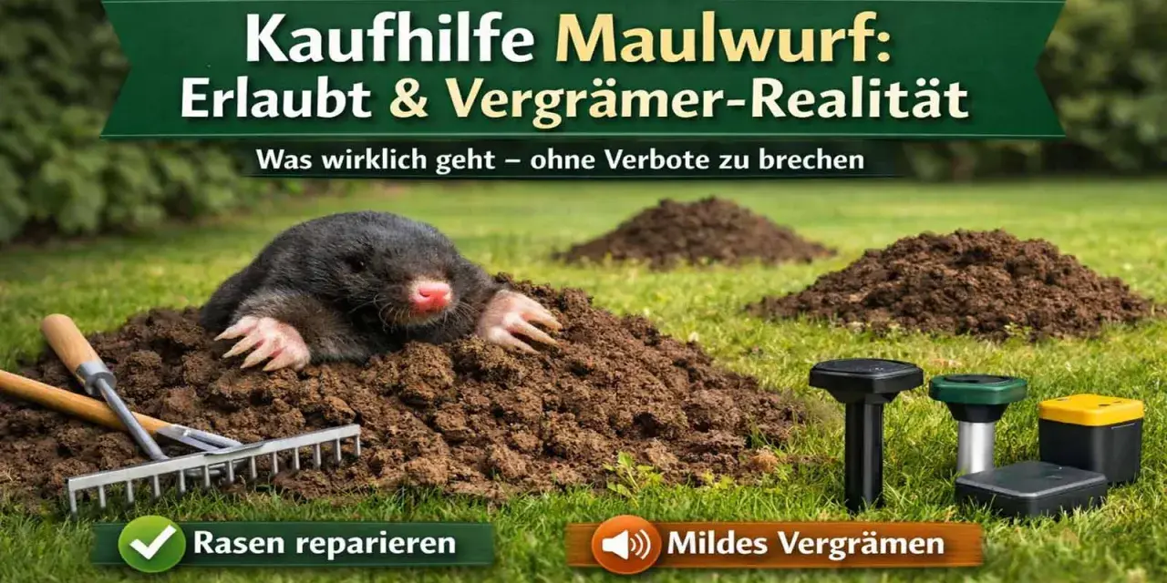 Ein Maulwurf gräbt im Garten. Kaufhilfe zum Maulwurf vertreiben: Erlaubt & Vergrämer-Realität. Rasen reparieren und mildes Vergrämen.