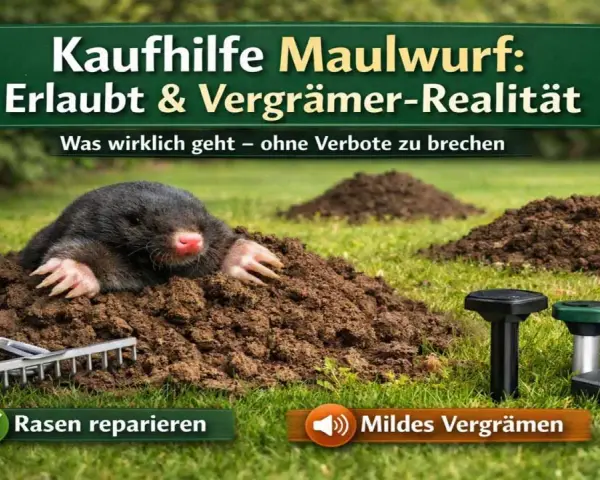 Ein Maulwurf gräbt im Garten. Kaufhilfe zum Maulwurf vertreiben: Erlaubt & Vergrämer-Realität. Rasen reparieren und mildes Vergrämen.