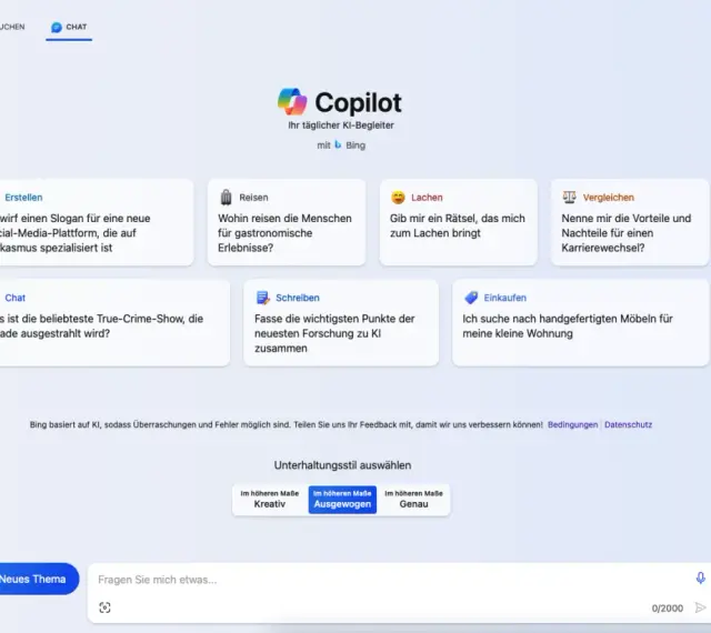 Copilot, der KI-Begleiter von Bing, bietet Hilfe bei kreativen Aufgaben, Reisen, Lachen, Vergleichen, Chatten, Schreiben und Einkaufen.