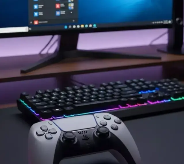PS5-Controller, Tastatur und Maus auf einem Schreibtisch. So verbindest du deinen PS5-Controller mit dem PC.