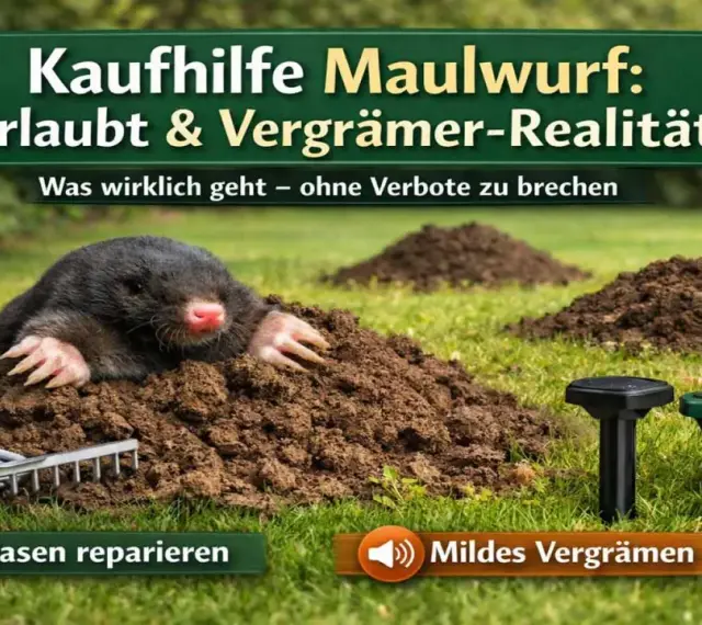Ein Maulwurf gräbt im Garten. Kaufhilfe zum Maulwurf vertreiben: Erlaubt & Vergrämer-Realität. Rasen reparieren und mildes Vergrämen.