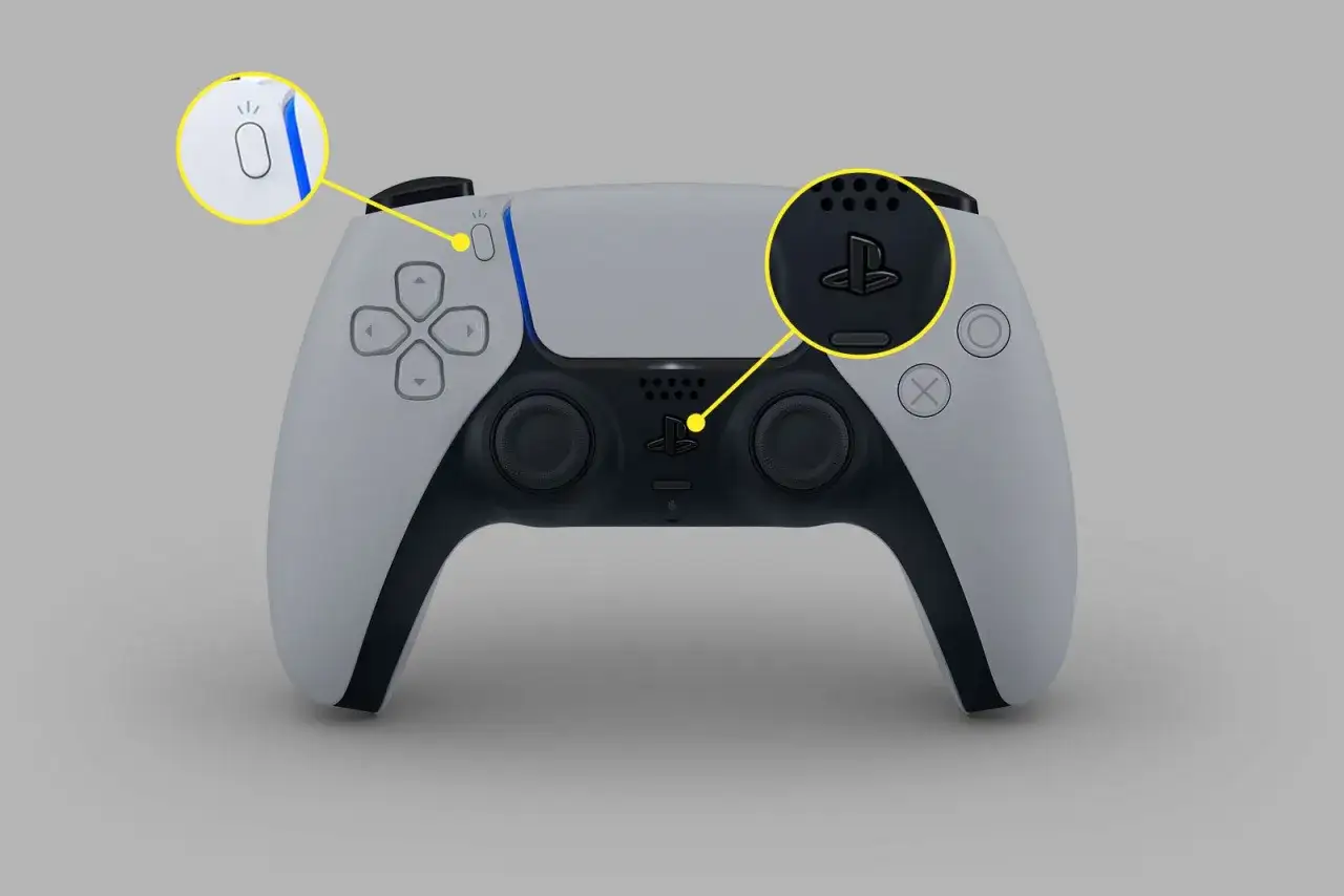 DualSense-Controller mit hervorgehobenen Tasten für die Verbindung. So kannst du deinen PS5-Controller mit dem PC verbinden.
