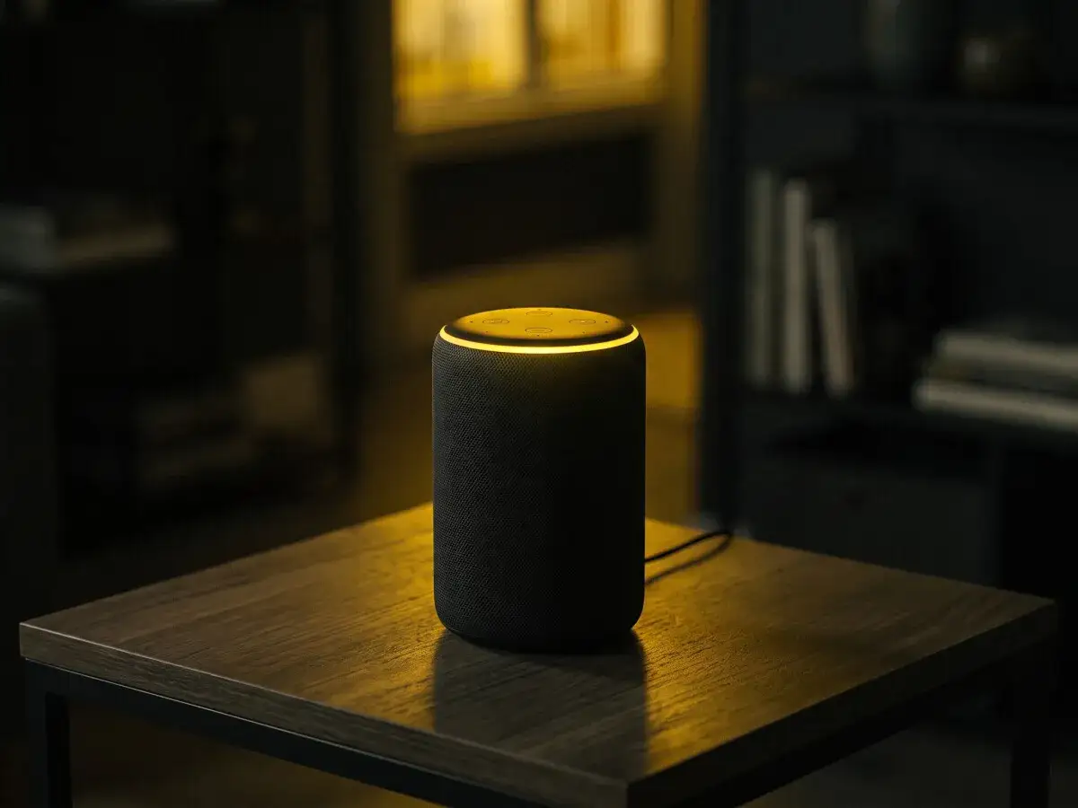Ein schwarzer Lautsprecher steht auf einem Holztisch. Oben leuchtet ein Ring, die alexa blinkt gelb und wartet auf eine Anfrage.