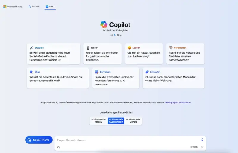 Copilot, der KI-Begleiter von Bing, bietet Hilfe bei kreativen Aufgaben, Reisen, Lachen, Vergleichen, Chatten, Schreiben und Einkaufen.