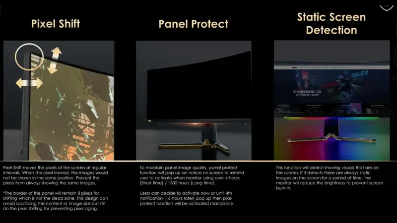 Bild zeigt Funktionen zum Schutz von OLED-Displays vor Einbrennen: Pixel Shift, Panel Protect und Static Screen Detection.