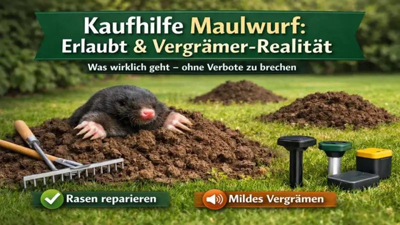 Ein Maulwurf gräbt im Garten. Kaufhilfe zum Maulwurf vertreiben: Erlaubt & Vergrämer-Realität. Rasen reparieren und mildes Vergrämen.