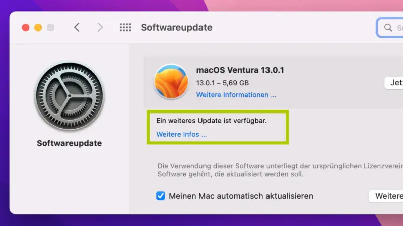 macOS Ventura Softwareupdate zeigt an, dass ein weiteres Update verfügbar ist.