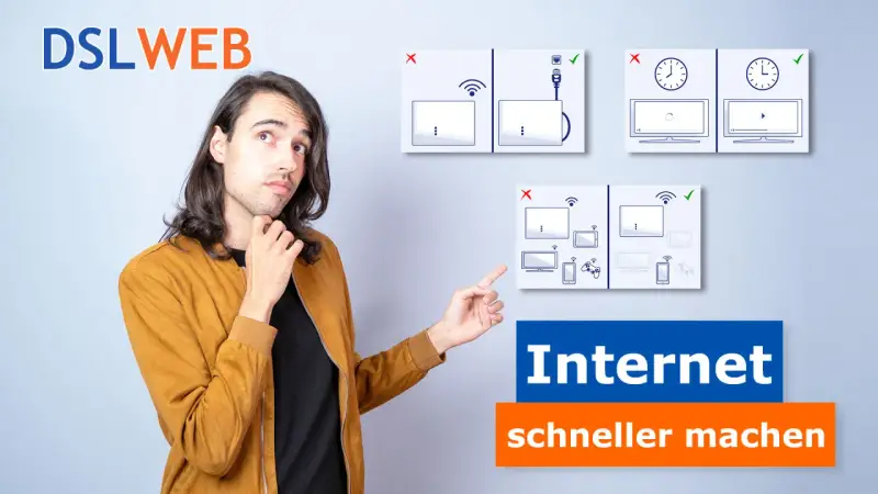 Mann erklärt, wie man das Internet schneller machen kann, indem man Geräte richtig verbindet und überlastete WLAN-Netzwerke vermeidet.